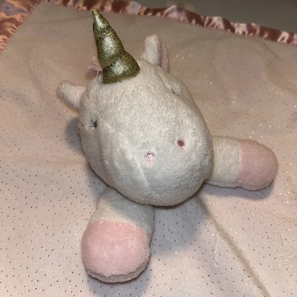 Cloud Island White Unicorn Baby Security Blanket Pink Satin‎ Trim Small Lovey